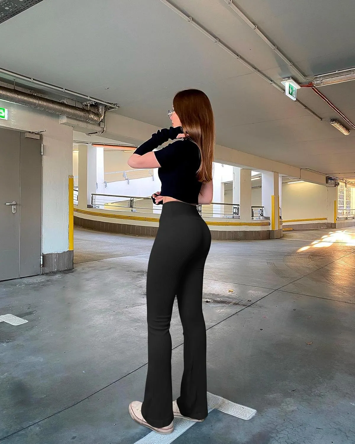 OQQ Women's 2 Piece Yoga Pants Ribbed Seamless Workout High Waist Cross Over Bell Bottoms Exercise Flare Leggings