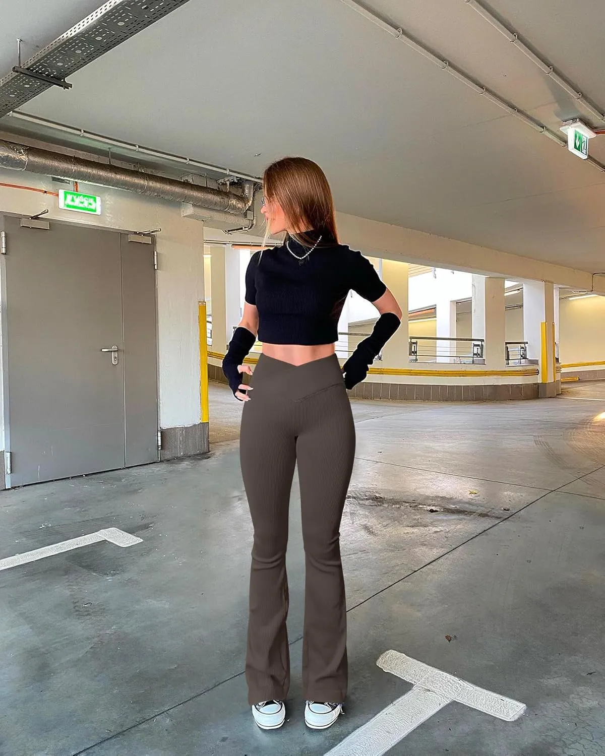 OQQ Women's 2 Piece Yoga Pants Ribbed Seamless Workout High Waist Cross Over Bell Bottoms Exercise Flare Leggings