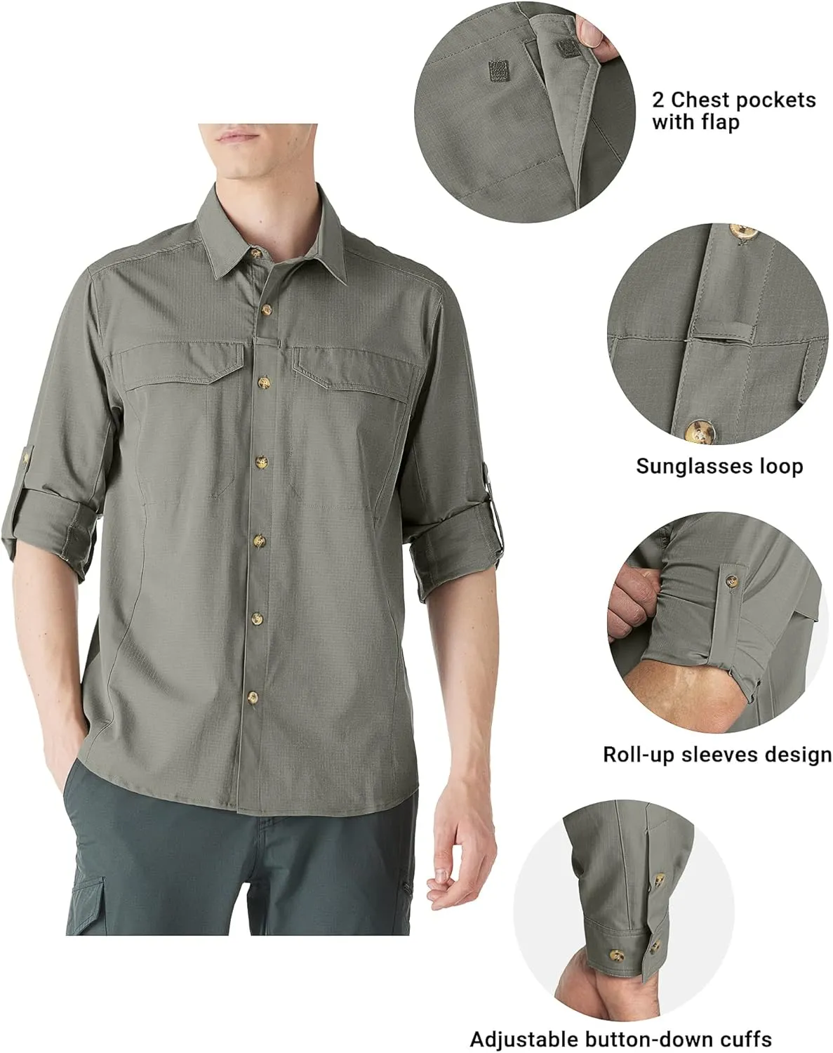 Outdoor Ventures Men's UPF 50  UV Sun Protection SPF Hiking Shirt Long Sleeve Lightweight Quick Dry for Safari Travel Fishing
