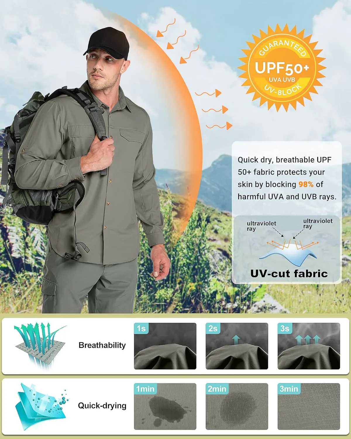Outdoor Ventures Men's UPF 50  UV Sun Protection SPF Hiking Shirt Long Sleeve Lightweight Quick Dry for Safari Travel Fishing