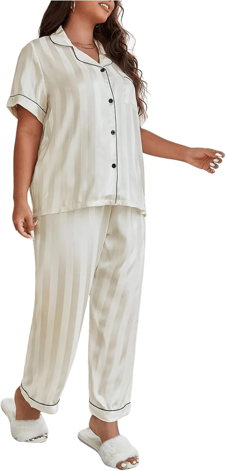 OYOANGLE Women's Plus Size Satin Pajama Set Silky Short Sleeve Button Down Tops and Pants Sleepwear Loungewear