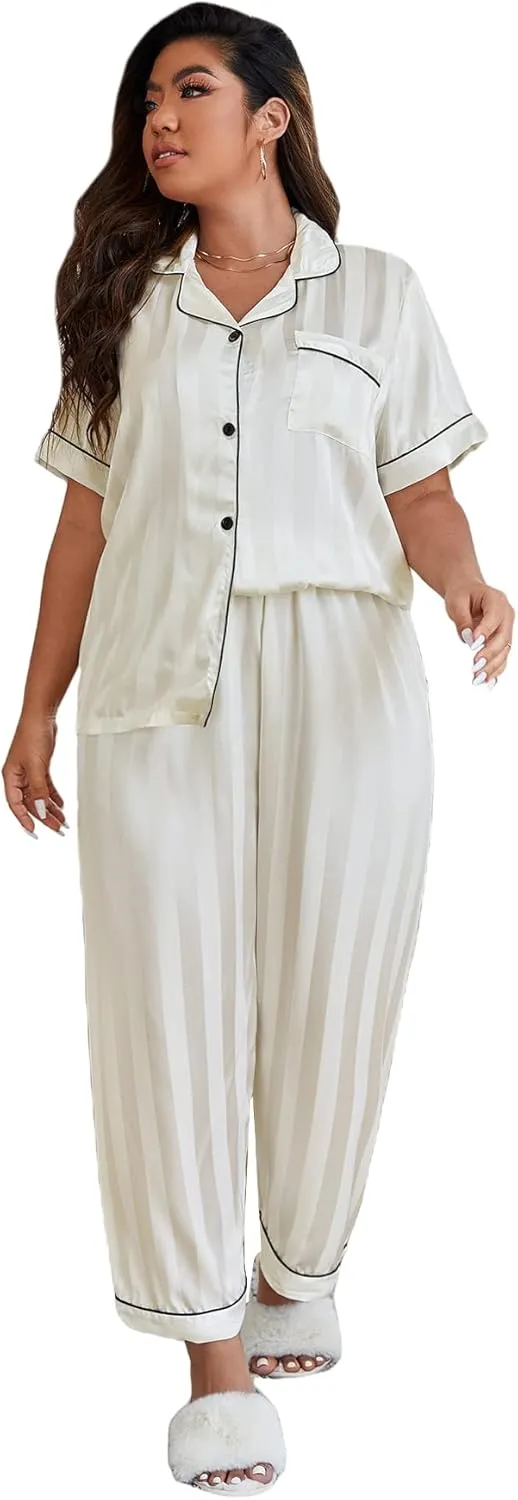 OYOANGLE Women's Plus Size Satin Pajama Set Silky Short Sleeve Button Down Tops and Pants Sleepwear Loungewear