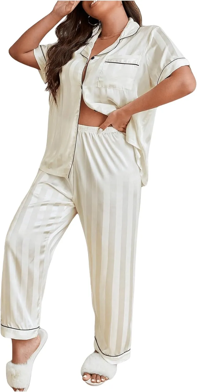 OYOANGLE Women's Plus Size Satin Pajama Set Silky Short Sleeve Button Down Tops and Pants Sleepwear Loungewear