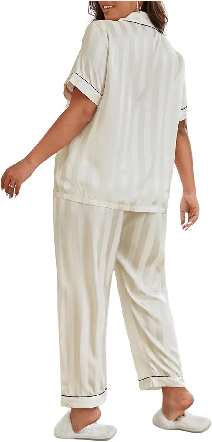 OYOANGLE Women's Plus Size Satin Pajama Set Silky Short Sleeve Button Down Tops and Pants Sleepwear Loungewear
