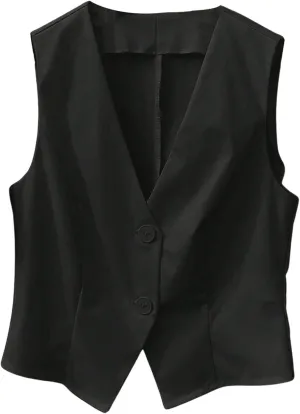 OYOANGLE Women's V Neck Sleeveless Cropped Blazer Jacket Button Down Split Hem Business Dressy Waistcoat