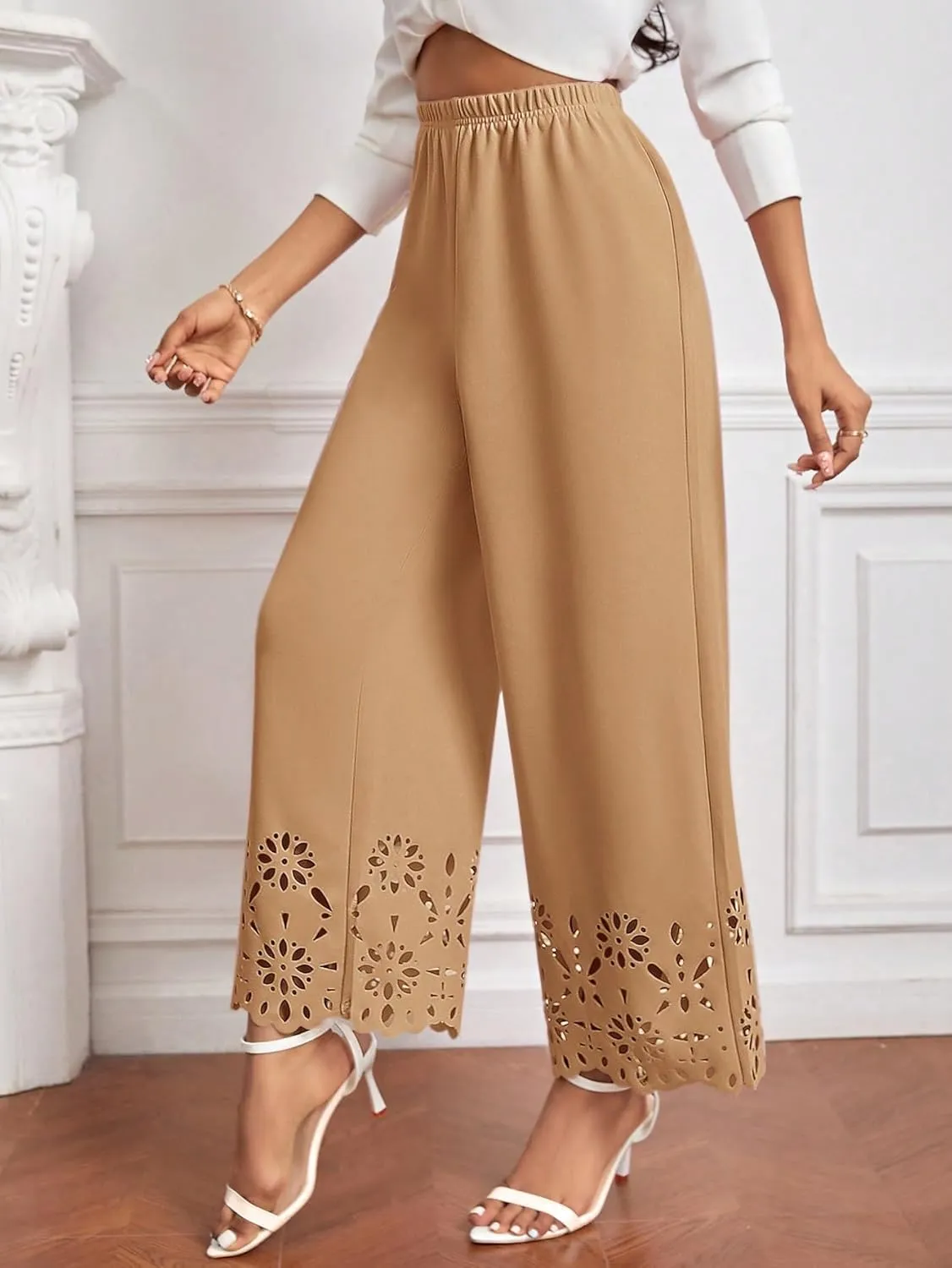 OYOANGLE Women's Wide Leg Pants Cut Out Scallop Trim High Elastic Waisted Pants Casual Office Long Pants