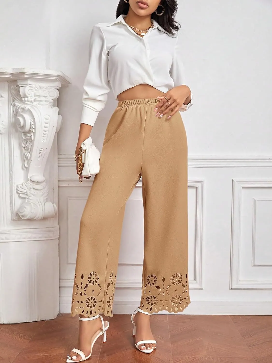 OYOANGLE Women's Wide Leg Pants Cut Out Scallop Trim High Elastic Waisted Pants Casual Office Long Pants