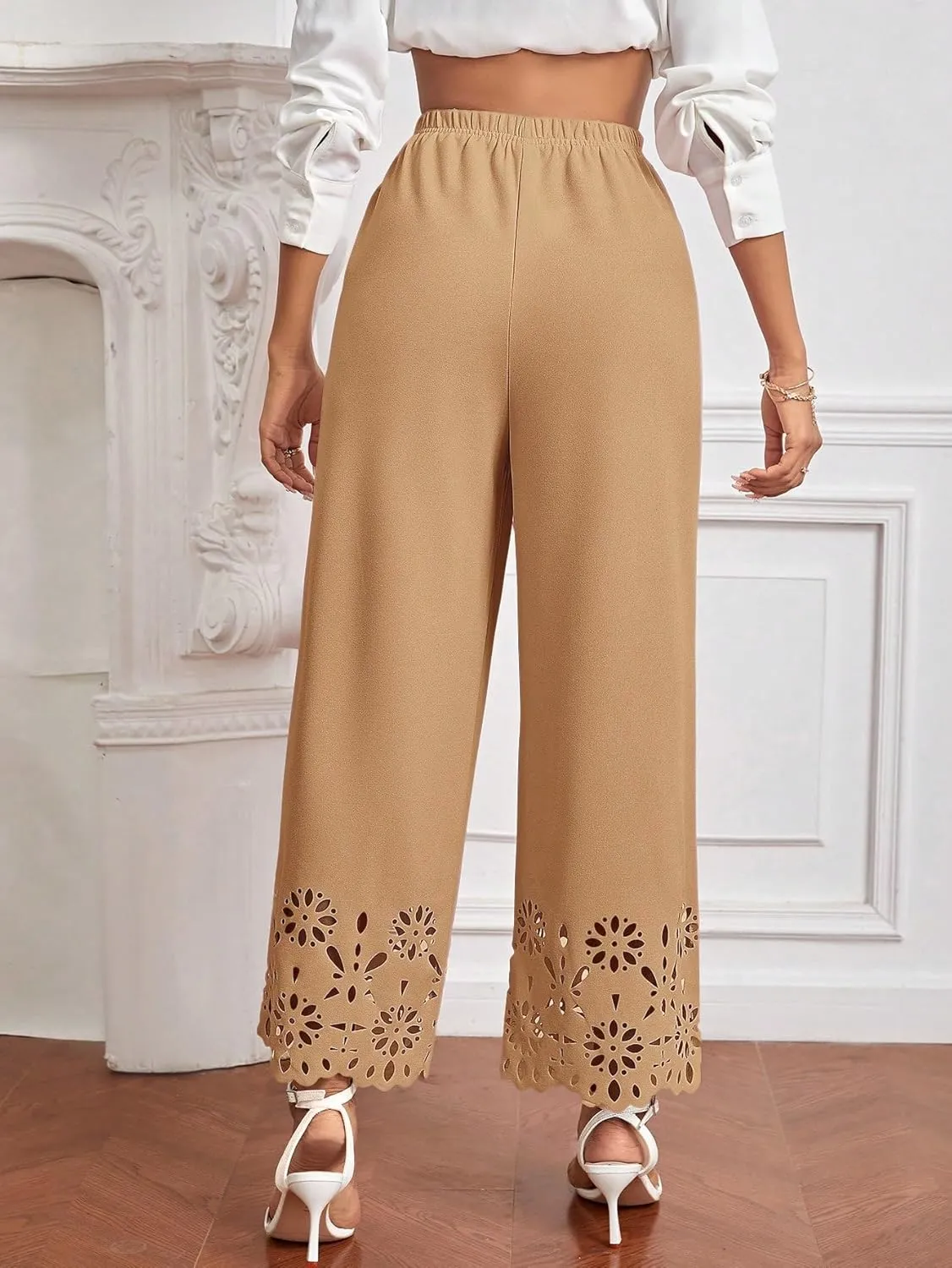 OYOANGLE Women's Wide Leg Pants Cut Out Scallop Trim High Elastic Waisted Pants Casual Office Long Pants