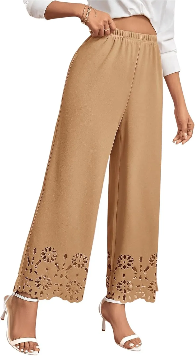 OYOANGLE Women's Wide Leg Pants Cut Out Scallop Trim High Elastic Waisted Pants Casual Office Long Pants