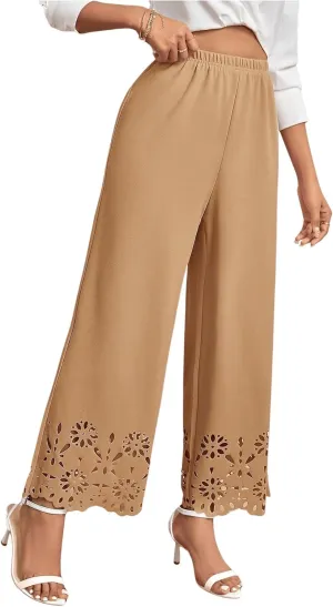 OYOANGLE Women's Wide Leg Pants Cut Out Scallop Trim High Elastic Waisted Pants Casual Office Long Pants