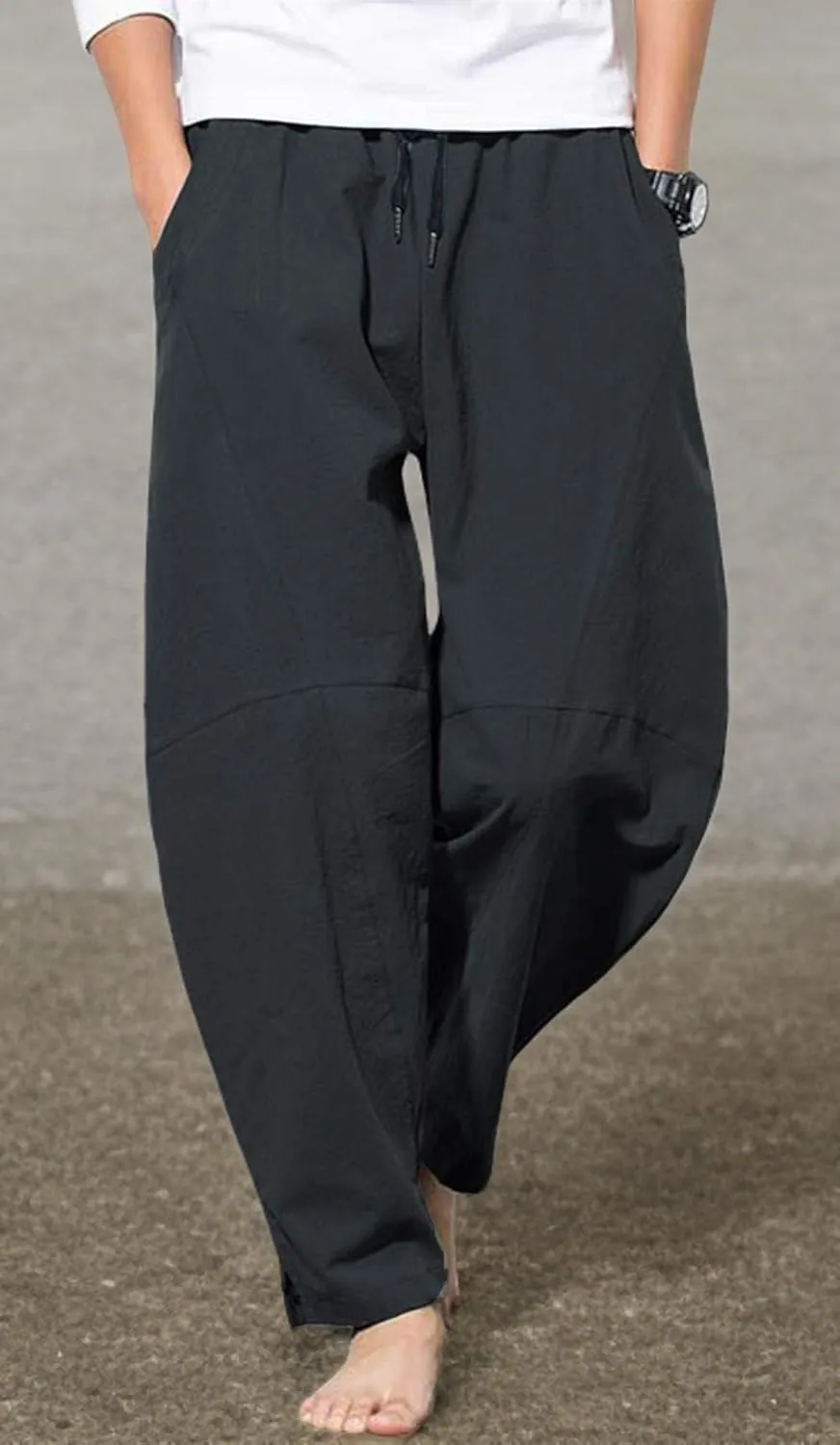 PACEIADTA Men's Cotton Linen Drawstring Pants Elastic Waist Casual Summer Beach Pants