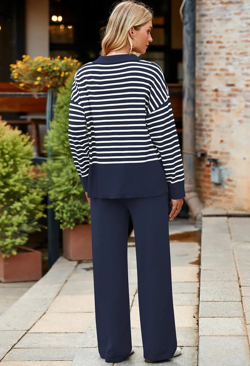 Pink Queen Sweater Sets for Women 2 Piece Long Sleeve Collar V Neck Sweatsuit Knitted Stripe Pajamas