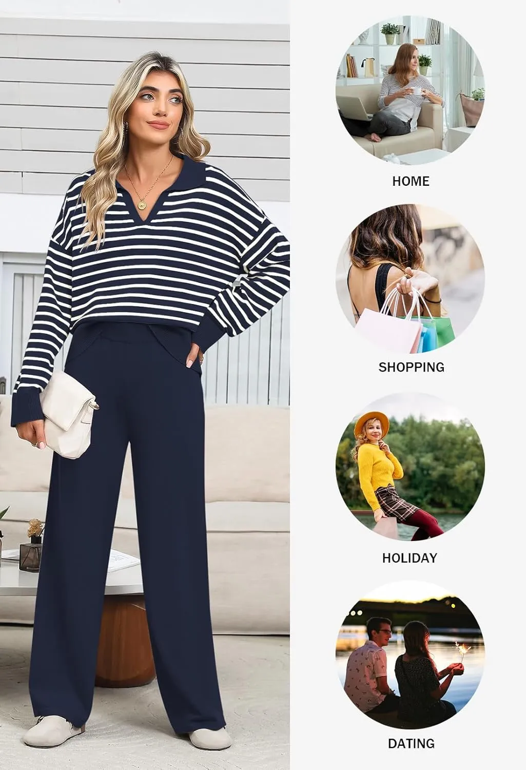 Pink Queen Sweater Sets for Women 2 Piece Long Sleeve Collar V Neck Sweatsuit Knitted Stripe Pajamas