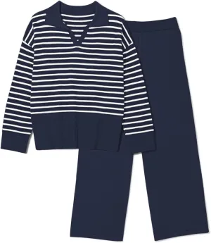 Pink Queen Sweater Sets for Women 2 Piece Long Sleeve Collar V Neck Sweatsuit Knitted Stripe Pajamas