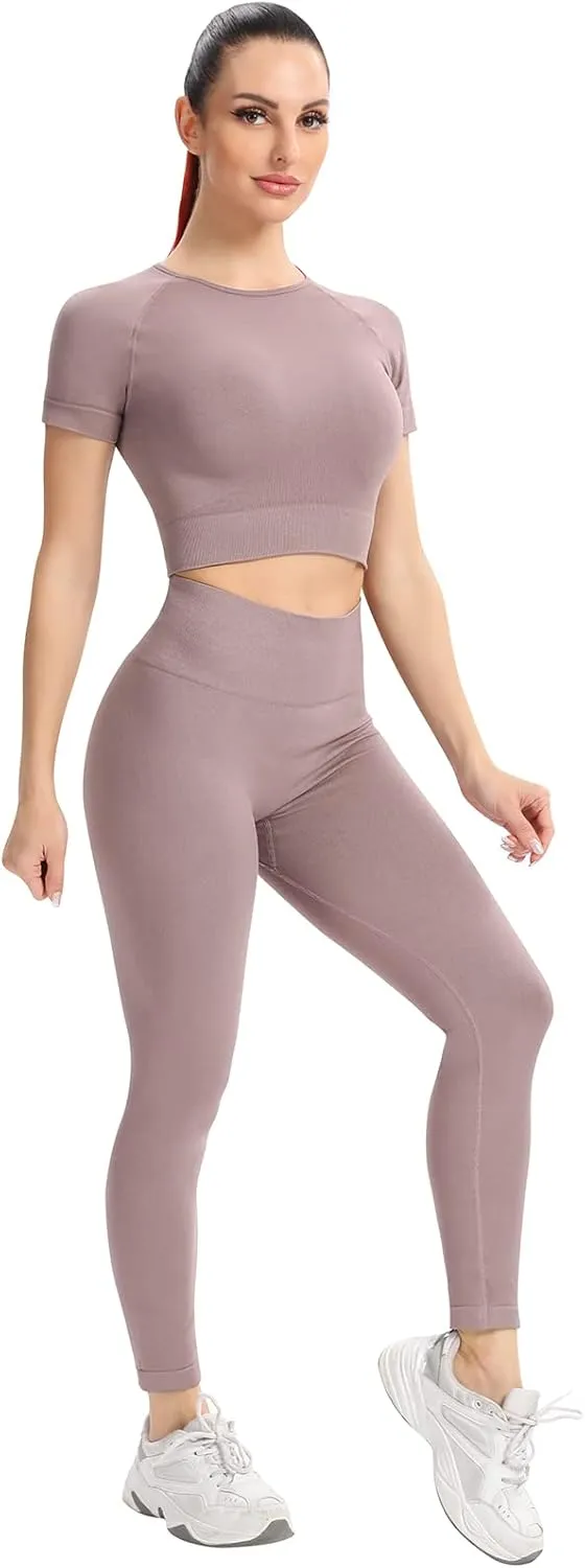 PINKSAVIOR Workout Sets for Women Two Piece Outfits Seamless High Waist Leggings Yoga Crop Tops Athletic Sports Gym Sets