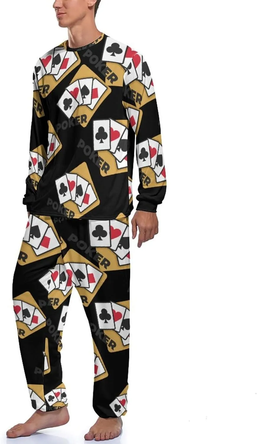 Poker Mens Pajamas Set Crew Neck Long Sleeve Sleepwear Top & Pants 2 PCS Loungewear