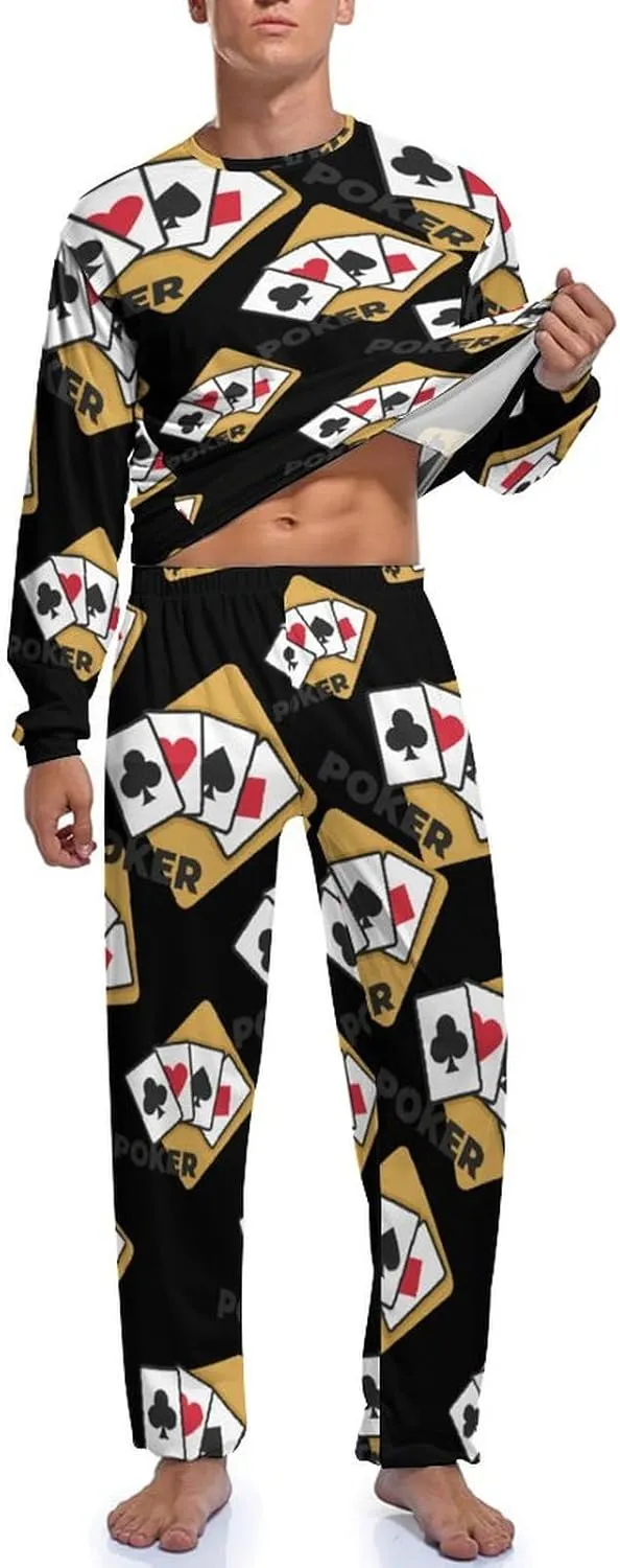 Poker Mens Pajamas Set Crew Neck Long Sleeve Sleepwear Top & Pants 2 PCS Loungewear