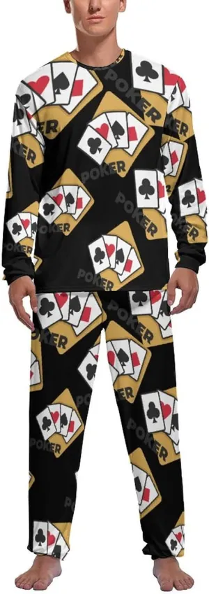 Poker Mens Pajamas Set Crew Neck Long Sleeve Sleepwear Top & Pants 2 PCS Loungewear