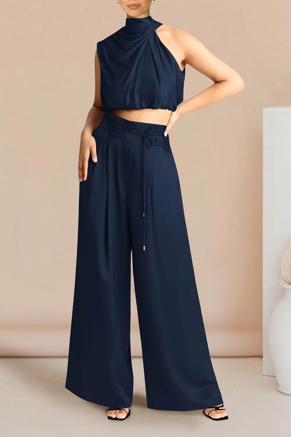 PRETTYGARDEN Women's 2 Piece Outfits 2025 Summer Casual Sleeveless Mock Neck Crop Tops Wide Leg Pants Set
