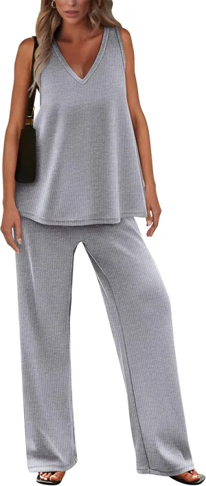 PRETTYGARDEN Women's 2 Piece Summer Tracksuits Sleeveless V Neck Tank Top Wide Leg Pants Casual Knit Outfit Sets