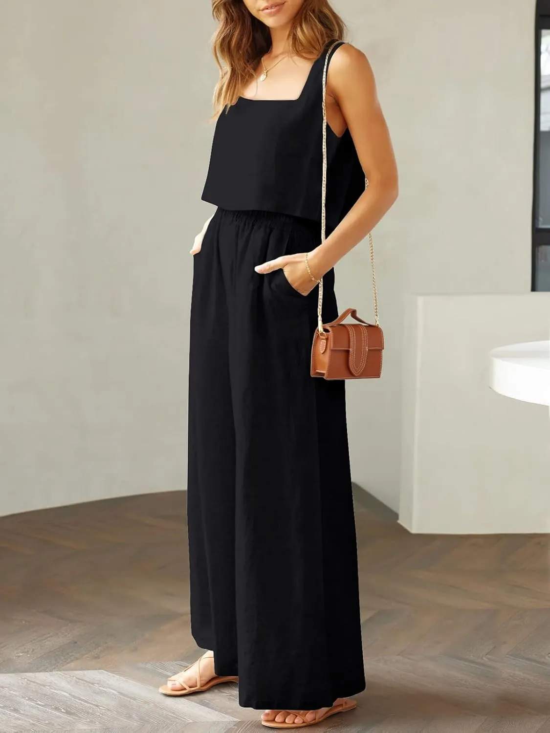 Prinbara Women's 2 Piece Outfits Lounge Sets Sleeveless Square Neck Linen Tank Crop Top Wide Leg Pants Matching Sets