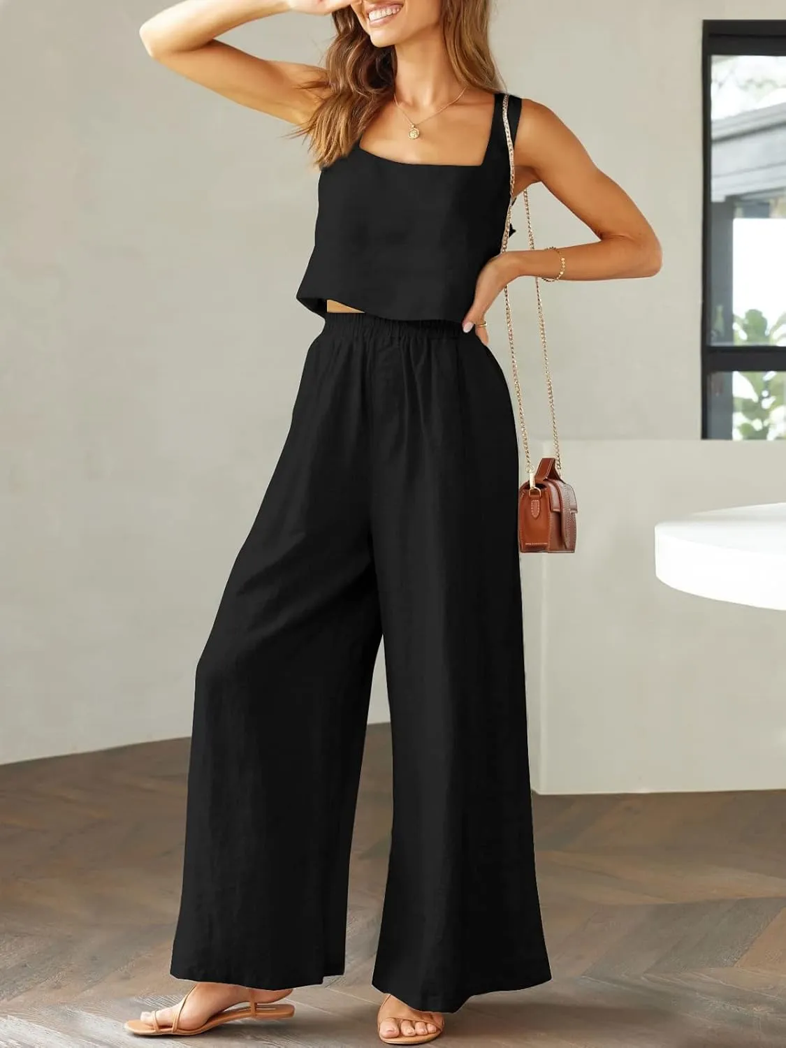 Prinbara Women's 2 Piece Outfits Lounge Sets Sleeveless Square Neck Linen Tank Crop Top Wide Leg Pants Matching Sets