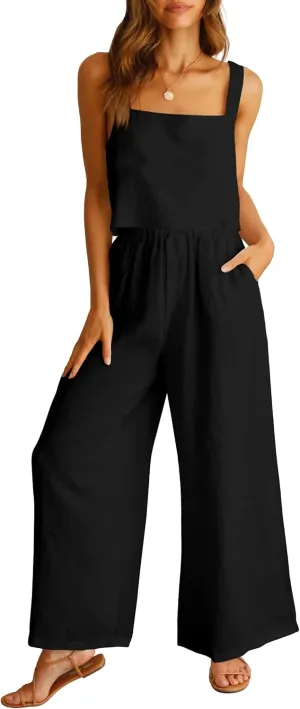 Prinbara Women's 2 Piece Outfits Lounge Sets Sleeveless Square Neck Linen Tank Crop Top Wide Leg Pants Matching Sets