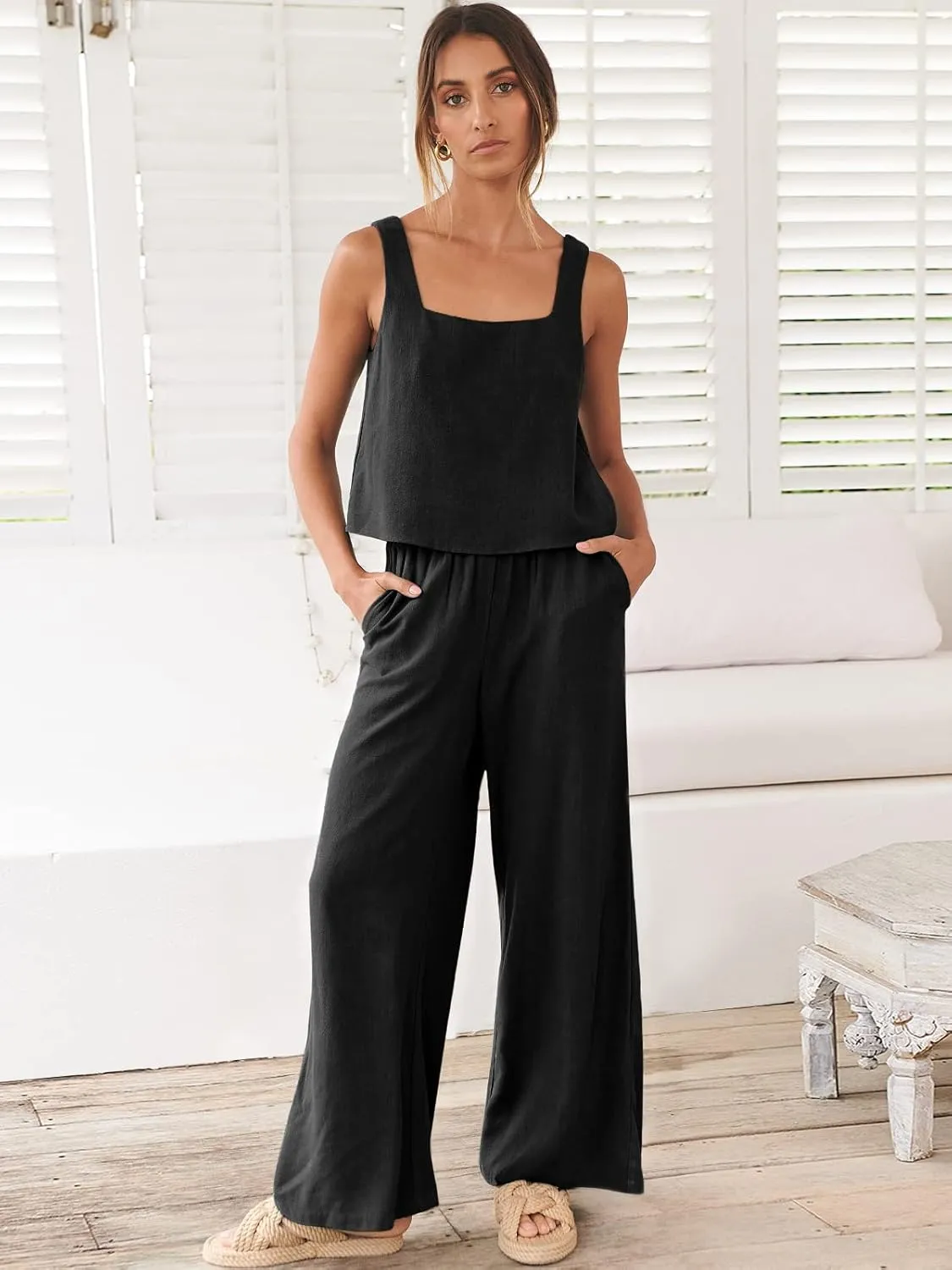 Prinbara Women's 2 Piece Outfits Lounge Sets Sleeveless Square Neck Linen Tank Crop Top Wide Leg Pants Matching Sets