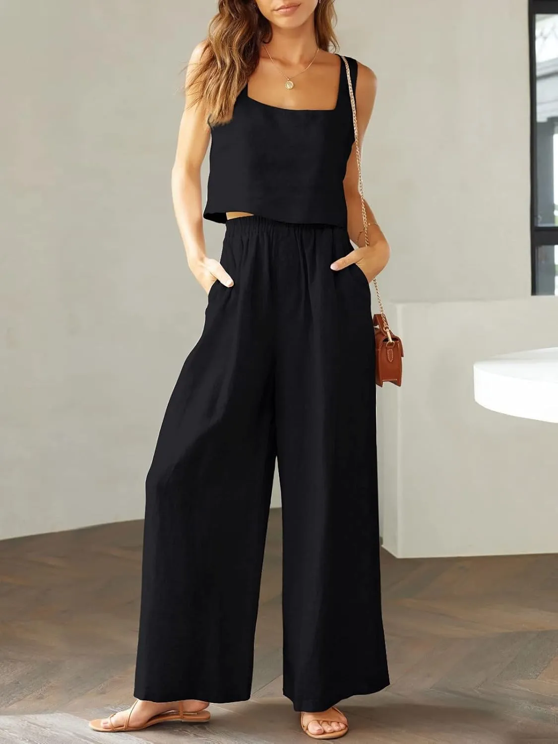 Prinbara Women's 2 Piece Outfits Lounge Sets Sleeveless Square Neck Linen Tank Crop Top Wide Leg Pants Matching Sets