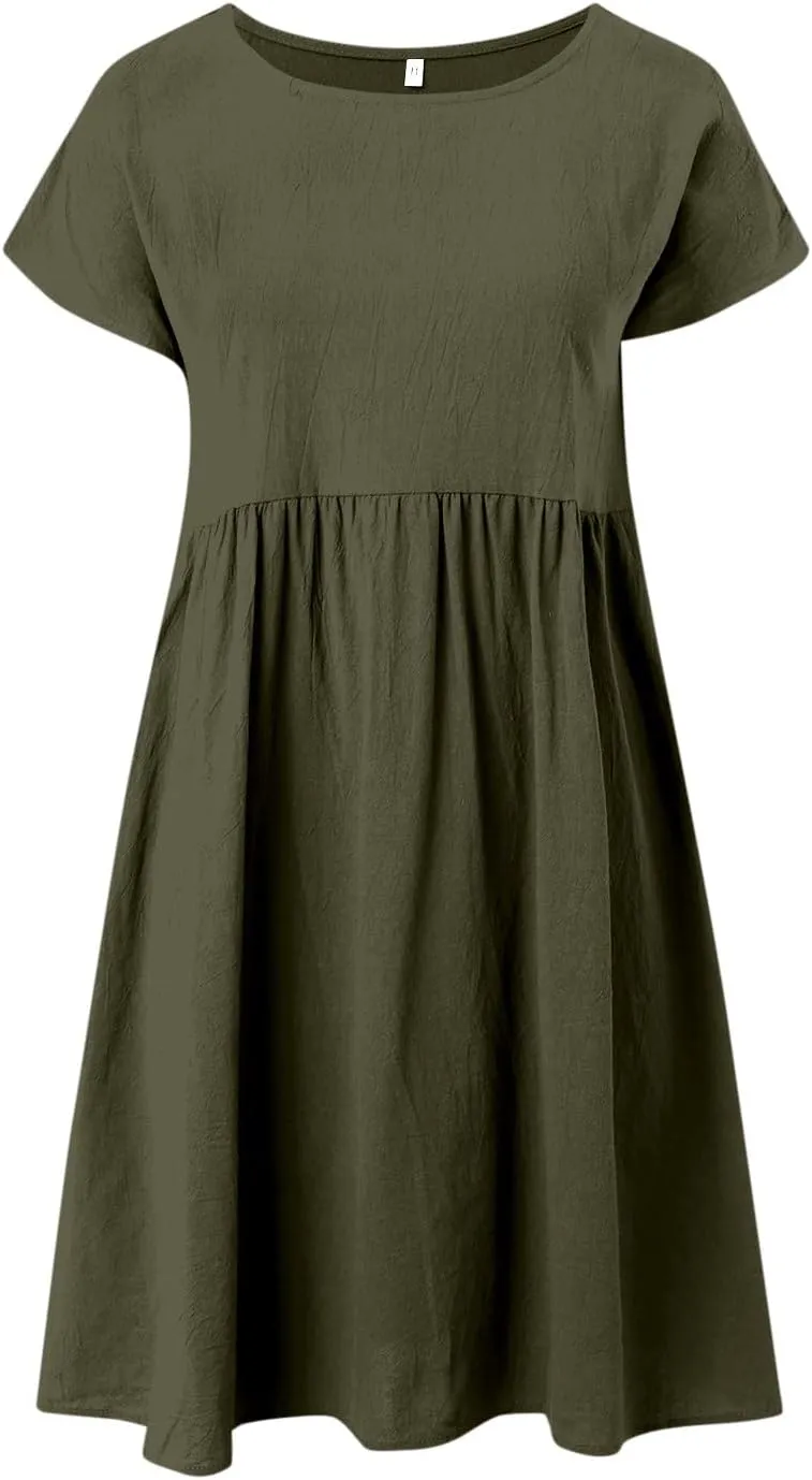 PTOLOCIF 2024 Fashion Summer OL Temperament Women's and Linen Round Neck A Line Skirt Plus Size Loose Dress Summer Dress