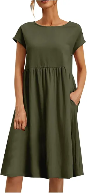 PTOLOCIF 2024 Fashion Summer OL Temperament Women's and Linen Round Neck A Line Skirt Plus Size Loose Dress Summer Dress