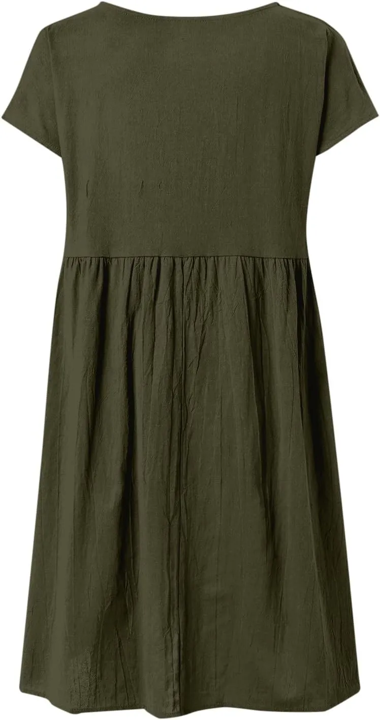 PTOLOCIF 2024 Fashion Summer OL Temperament Women's and Linen Round Neck A Line Skirt Plus Size Loose Dress Summer Dress