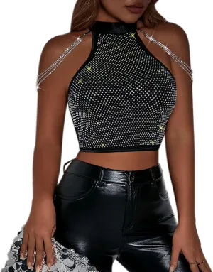 RARITYUS Women's Sparkly Rhinestone Crop Top Sexy Halter Backless Camisole Club Party Tops with Fringe Shoulder Chain