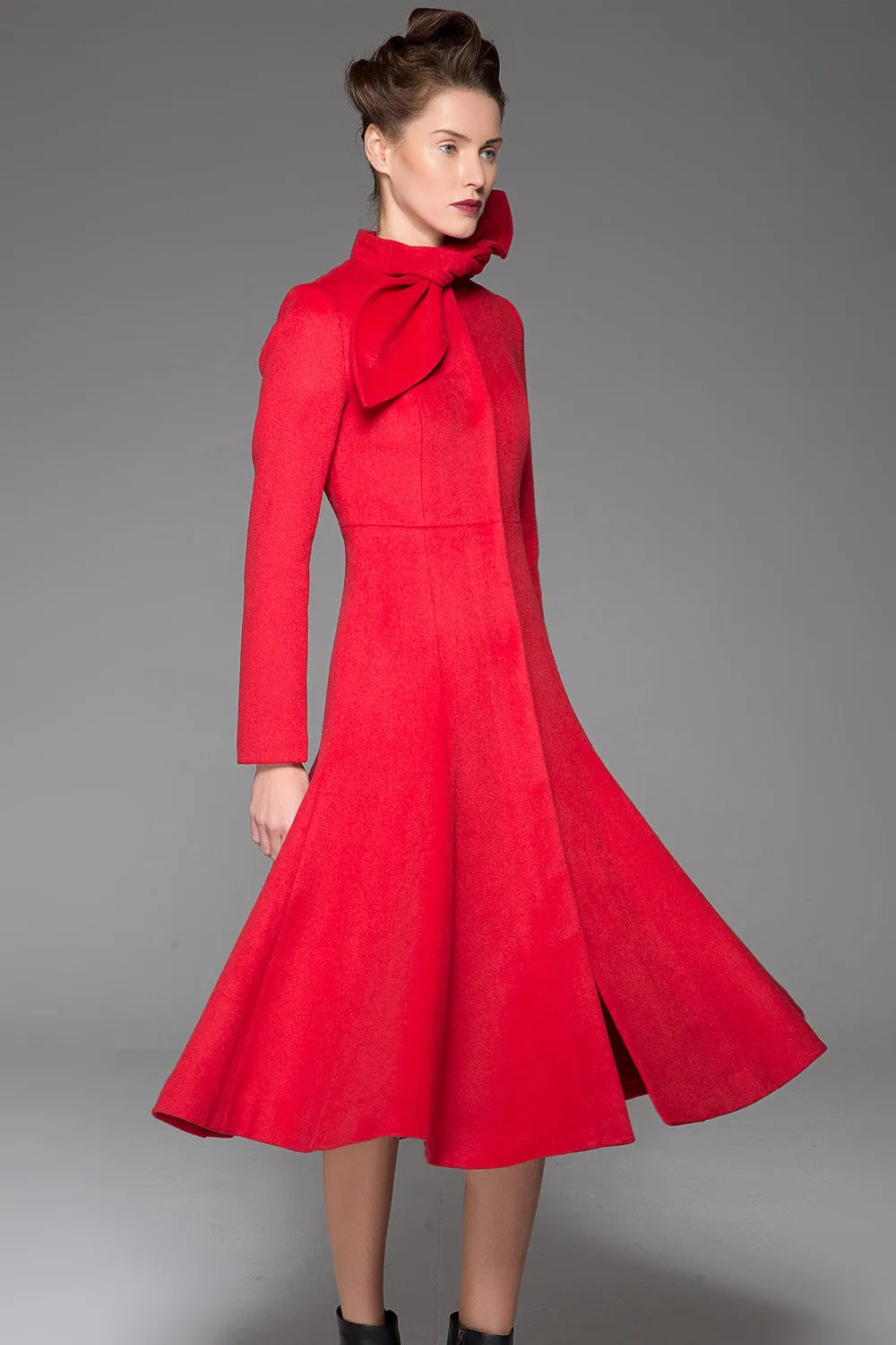 Red Women's Coat - Long Elegant Sleek Simple Fitted Smart Tailored Winter Designer Coat with Scarf Collar & Concealed Closure 1408