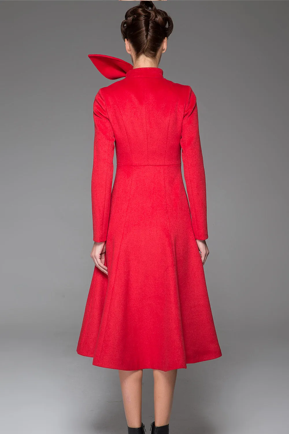 Red Women's Coat - Long Elegant Sleek Simple Fitted Smart Tailored Winter Designer Coat with Scarf Collar & Concealed Closure 1408