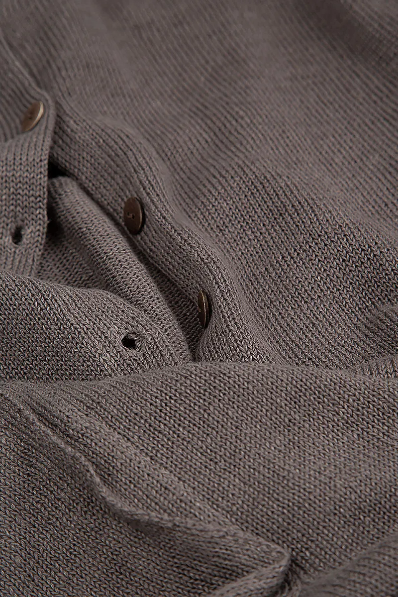 Ribbed Hem Brown Linen Cardigan