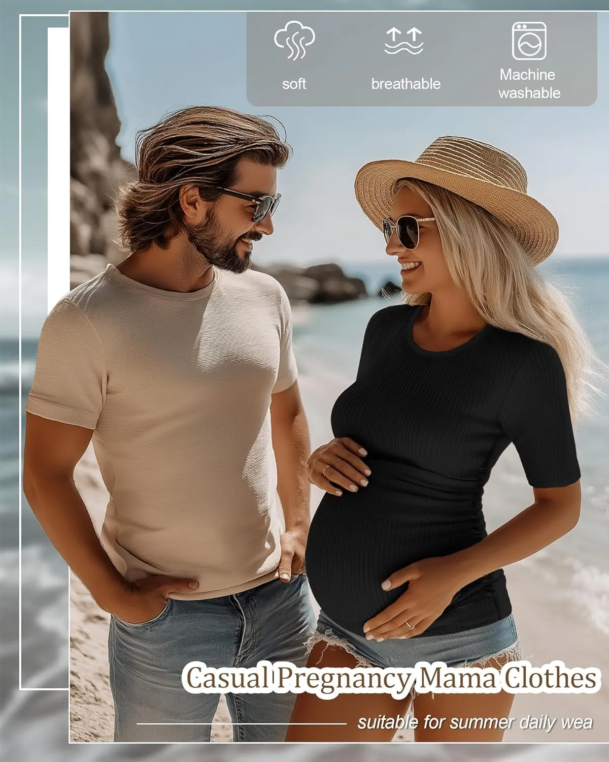 Riyiper 3 Pack Women's Maternity Cotton T Shirt Ribbed Half Sleeve Tunic Round Neck Side Ruched Tops Casual Pregnancy Clothes