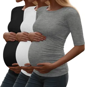 Riyiper 3 Pack Women's Maternity Cotton T Shirt Ribbed Half Sleeve Tunic Round Neck Side Ruched Tops Casual Pregnancy Clothes