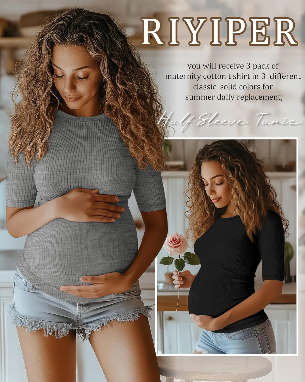 Riyiper 3 Pack Women's Maternity Cotton T Shirt Ribbed Half Sleeve Tunic Round Neck Side Ruched Tops Casual Pregnancy Clothes