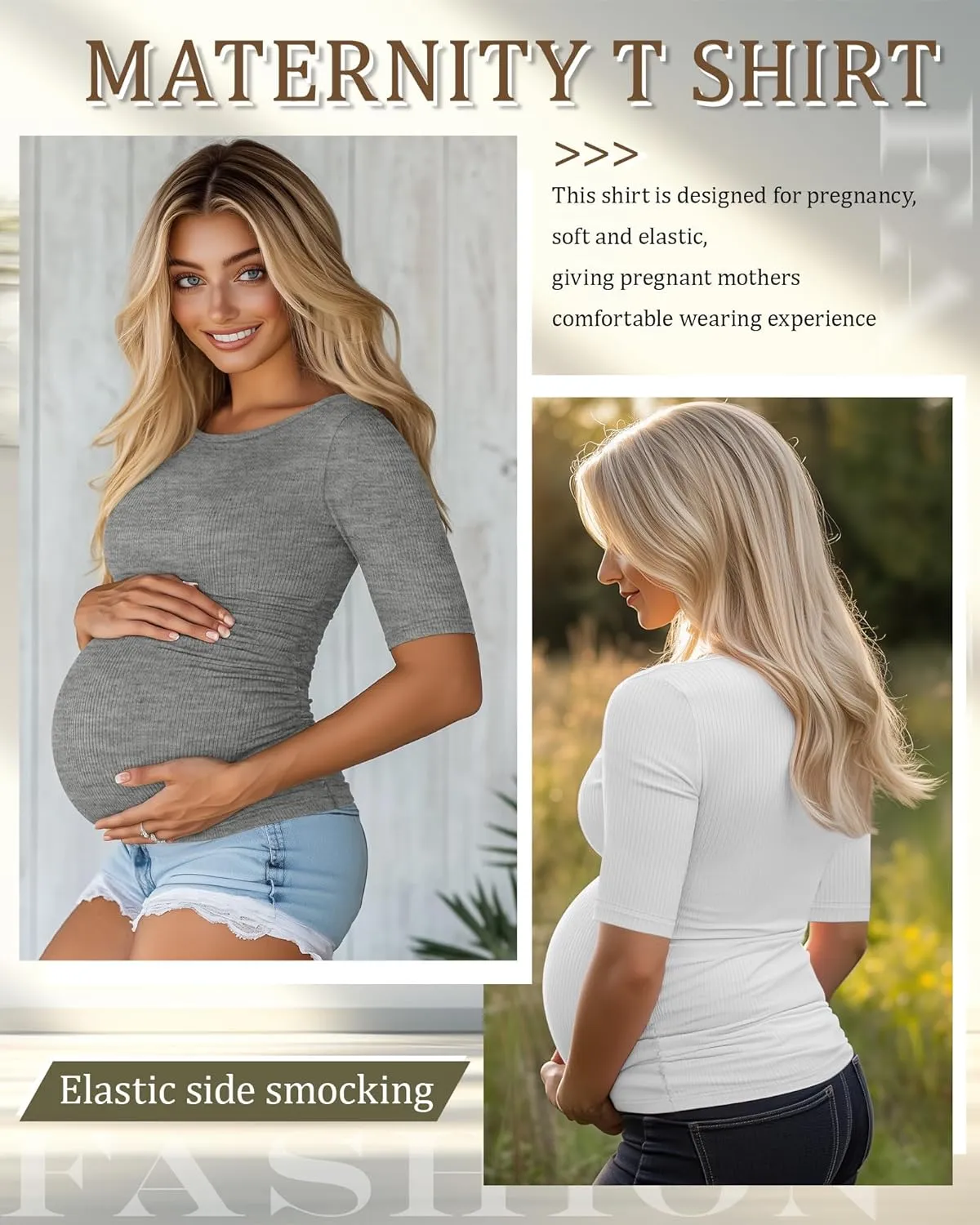 Riyiper 3 Pack Women's Maternity Cotton T Shirt Ribbed Half Sleeve Tunic Round Neck Side Ruched Tops Casual Pregnancy Clothes