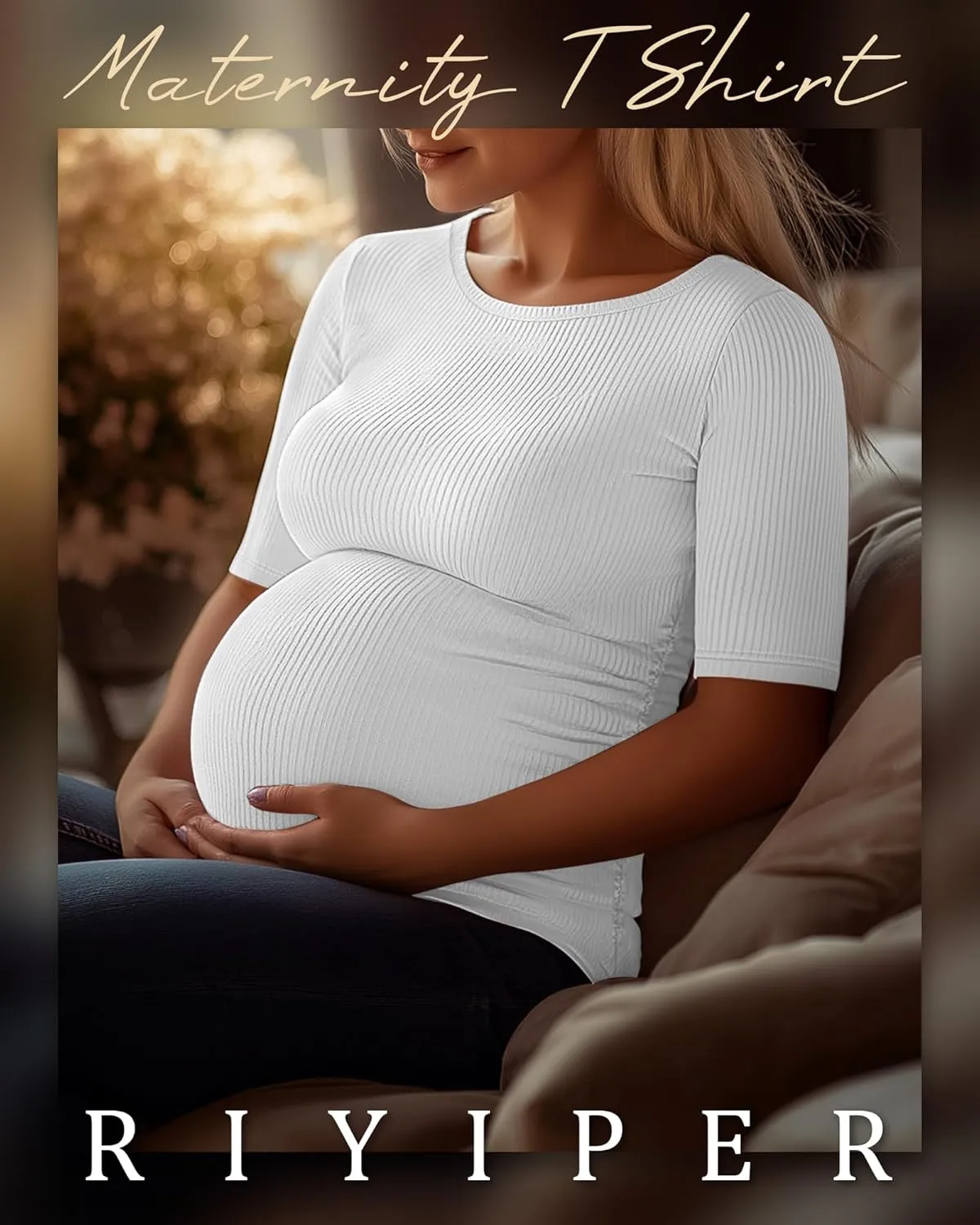 Riyiper 3 Pack Women's Maternity Cotton T Shirt Ribbed Half Sleeve Tunic Round Neck Side Ruched Tops Casual Pregnancy Clothes