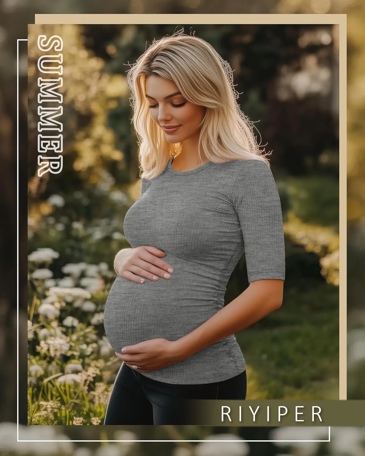 Riyiper 3 Pack Women's Maternity Cotton T Shirt Ribbed Half Sleeve Tunic Round Neck Side Ruched Tops Casual Pregnancy Clothes