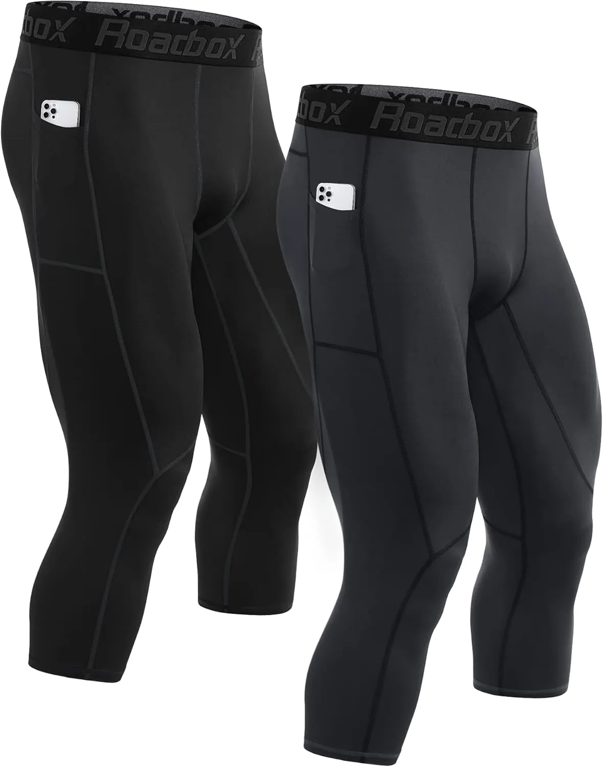 Roadbox 2 Pack Men's 3/4 Compression Pants, Athletic Basketball Workout Tights Leggings, Sport Running Spandex Base Layer