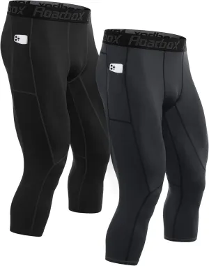 Roadbox 2 Pack Men's 3/4 Compression Pants, Athletic Basketball Workout Tights Leggings, Sport Running Spandex Base Layer