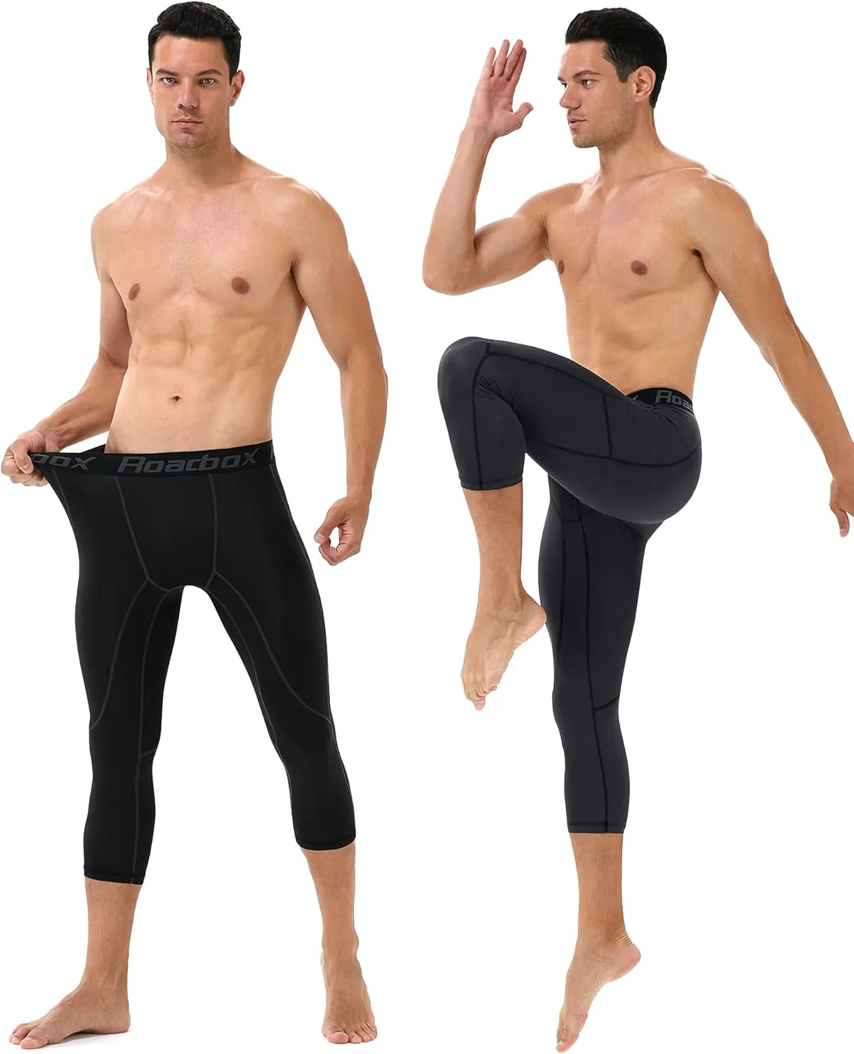 Roadbox 2 Pack Men's 3/4 Compression Pants, Athletic Basketball Workout Tights Leggings, Sport Running Spandex Base Layer