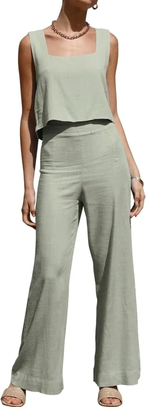 ROYLAMP Women's Summer 2 Piece Outfits Sleeveless Square Neck Tops Wide Leg Pants set Jumpsuit with Pockets