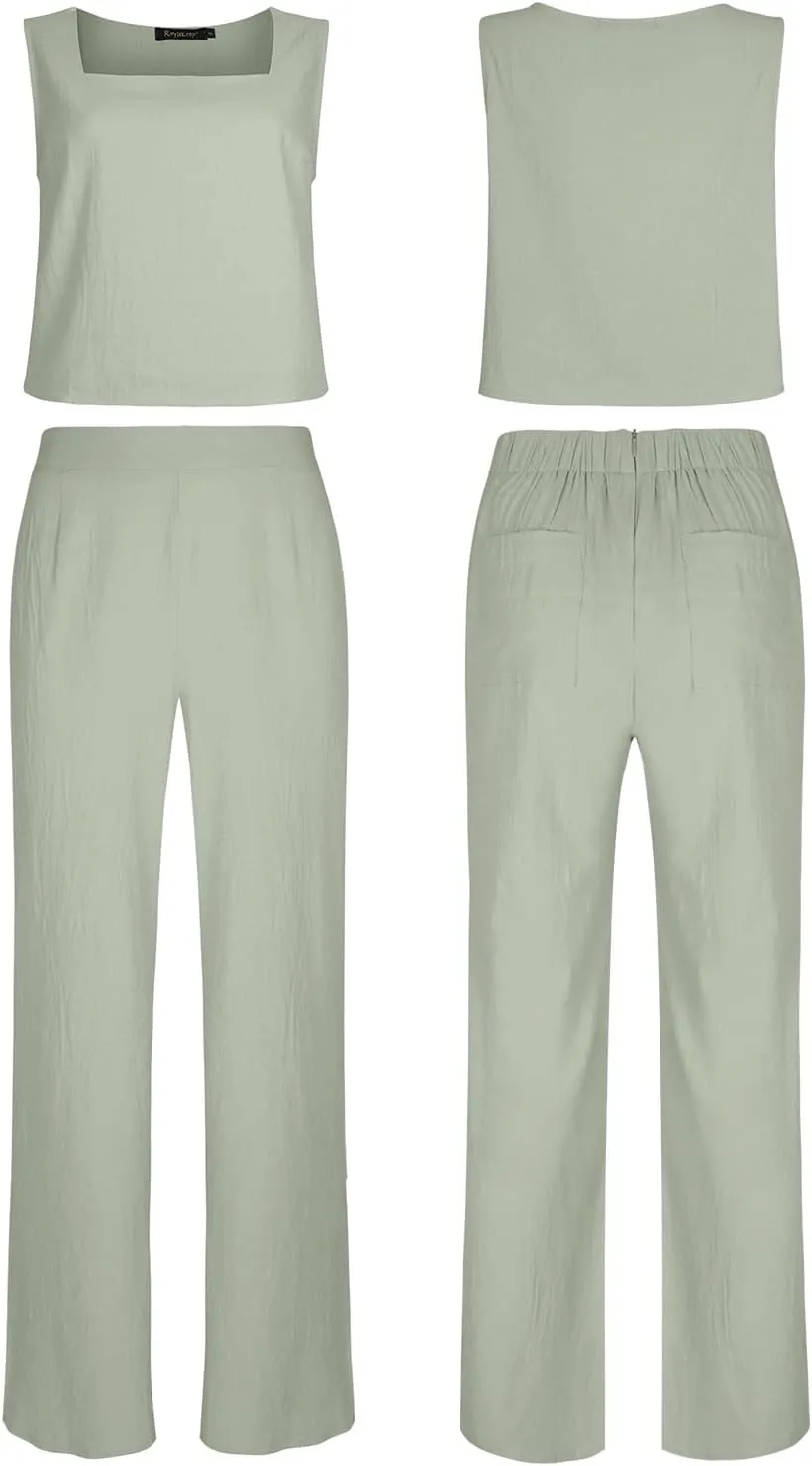 ROYLAMP Women's Summer 2 Piece Outfits Sleeveless Square Neck Tops Wide Leg Pants set Jumpsuit with Pockets