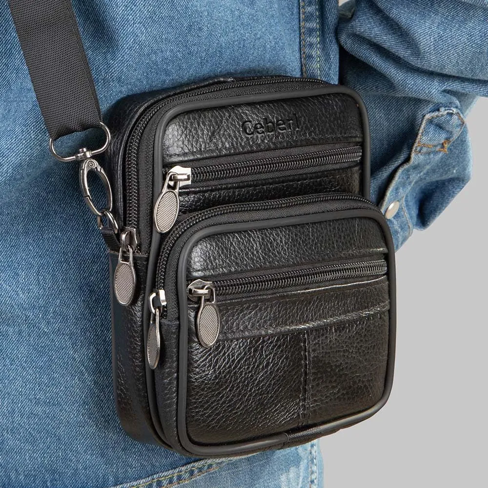 SALE!!! Ceberl Mens Genuine Leather Fanny Bag Messenger Shoulder Satchel Waist Bag Pack for Travel Running Hiking Workout Dog Walking Fishing Black