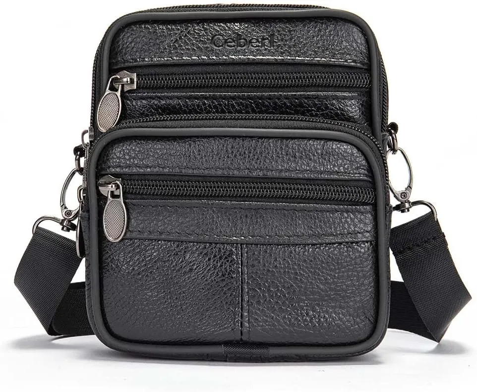 SALE!!! Ceberl Mens Genuine Leather Fanny Bag Messenger Shoulder Satchel Waist Bag Pack for Travel Running Hiking Workout Dog Walking Fishing Black