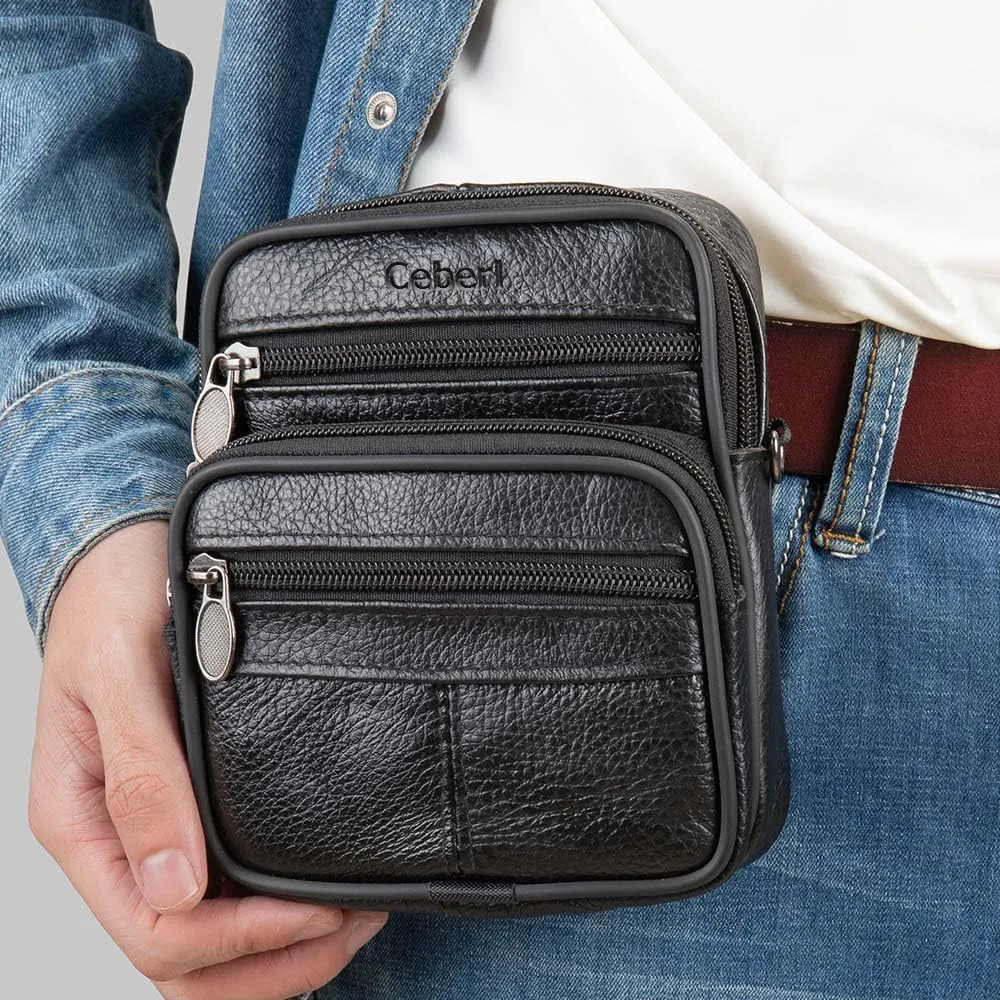 SALE!!! Ceberl Mens Genuine Leather Fanny Bag Messenger Shoulder Satchel Waist Bag Pack for Travel Running Hiking Workout Dog Walking Fishing Black
